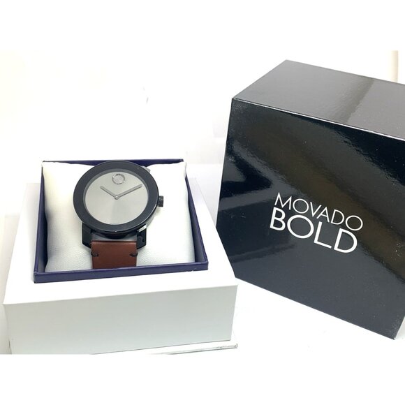 Movado Men's Watch 3600442 Bold Swiss Quartz Gray Dial 42mm Brown Leather Strap - Picture 3 of 14